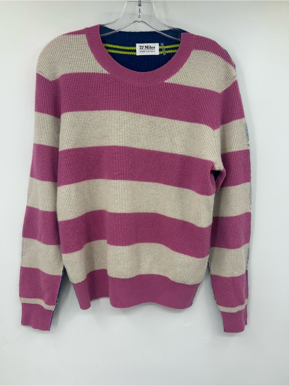 27 Miles Women’s 100% Cashmere Pink and Cream Striped Women's Crewneck Sweater M